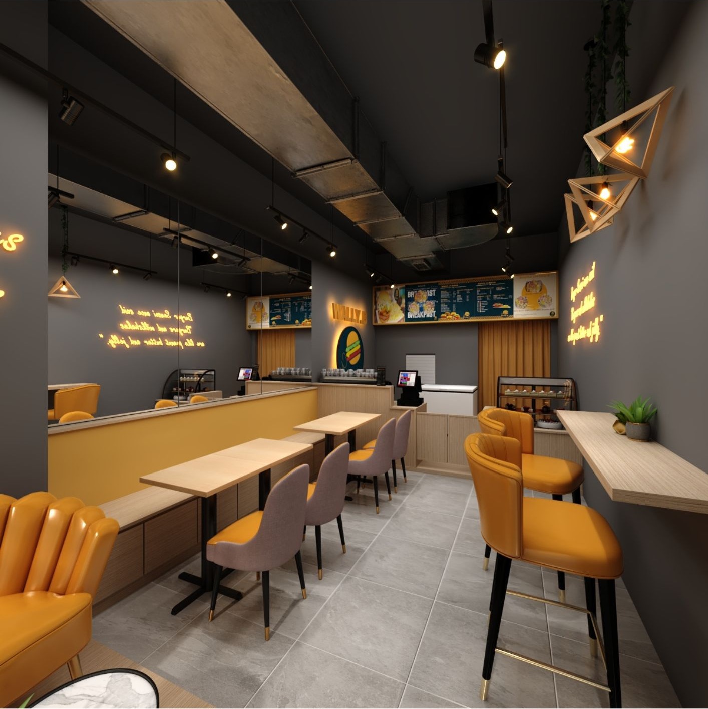 Wally B café interior with mustard bar stools, banquette seating, exposed ceiling and geometric pendant lights