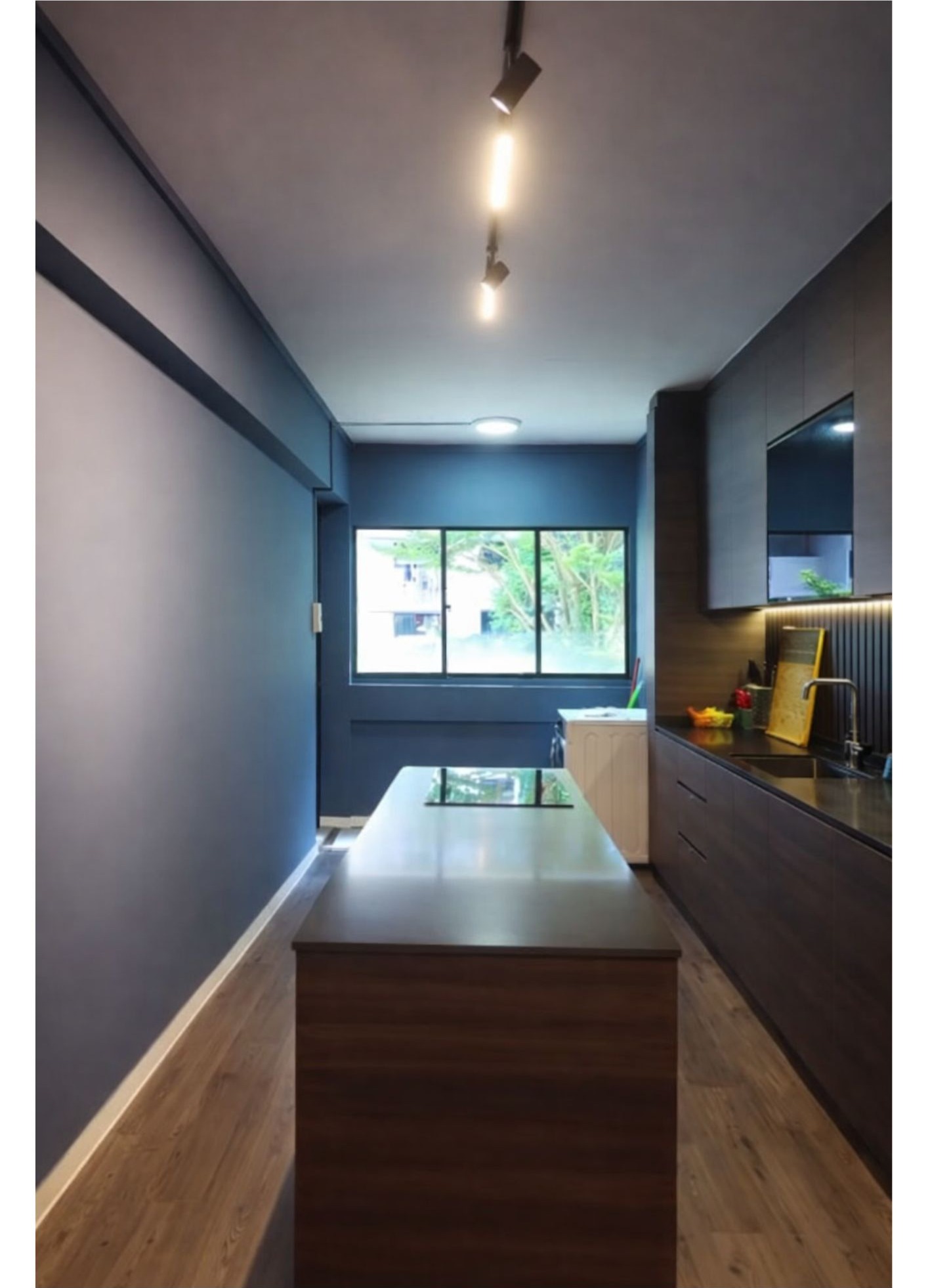 Kitchen with navy blue walls, dark timber cabinetry, island counter and track lights